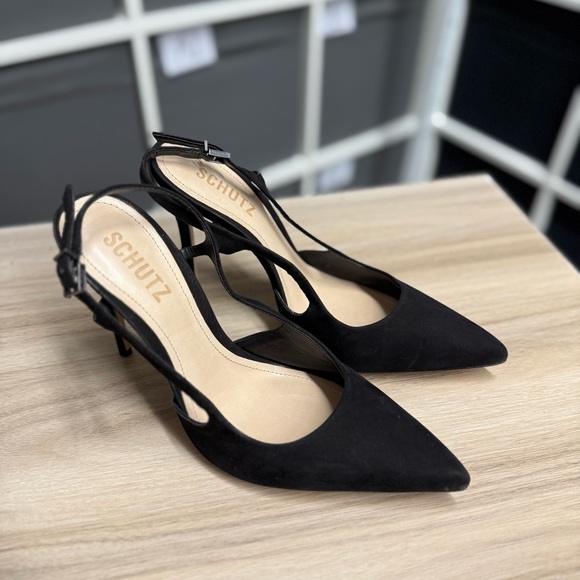 SCHUTZ Black Pointed Slingback Suede Heels - Picture 3 of 10